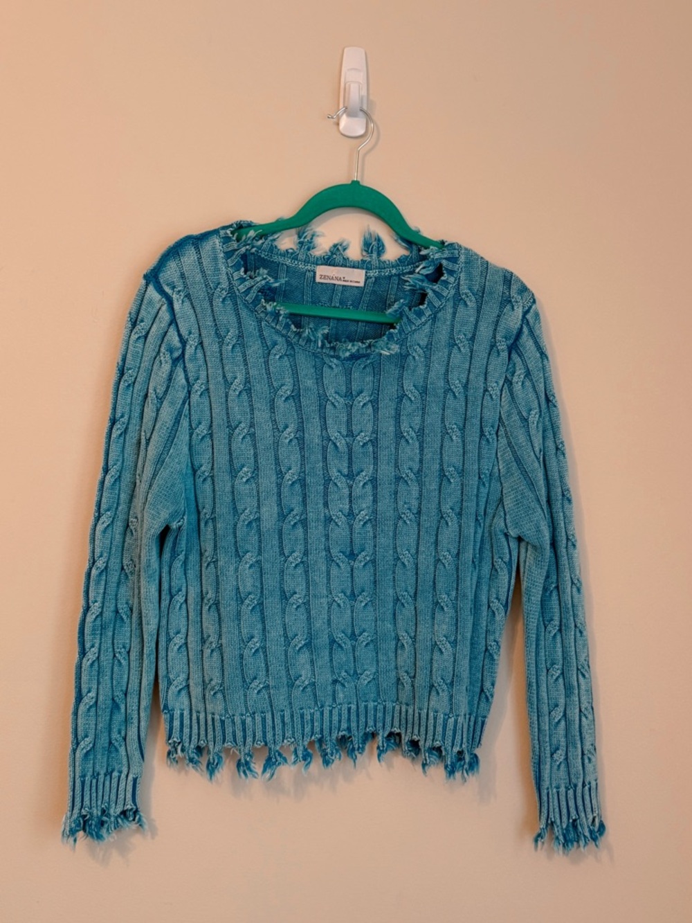 Zenana Outfitters Distressed Blue Cable Knit Cozy Cotton Sweater M